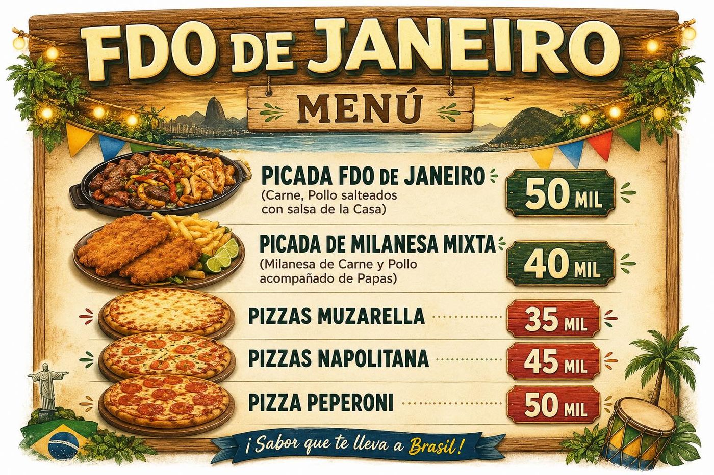 Menú de Fdo de Janeiro: picadas y pizzas
