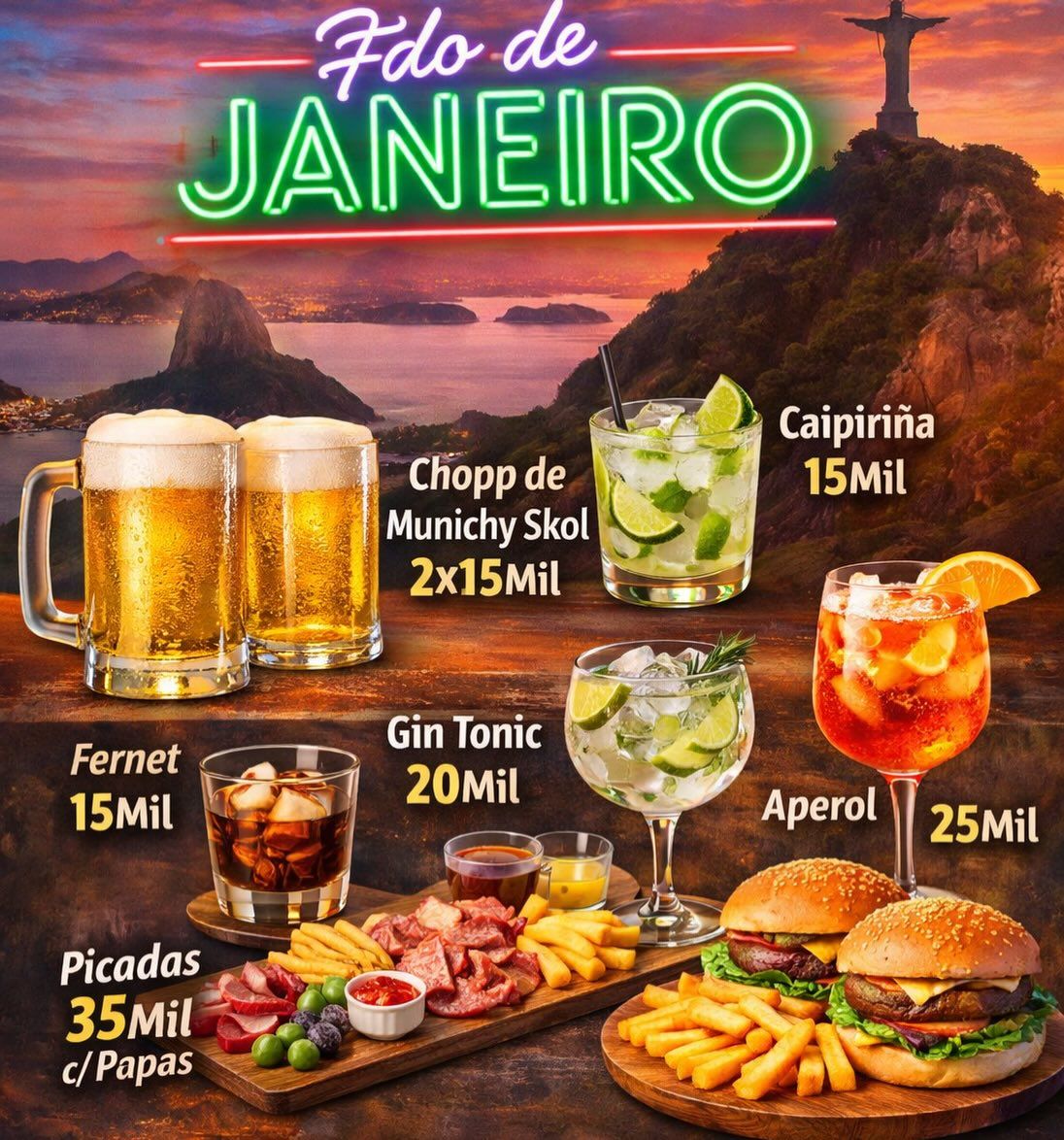 Tragos: caipirinha, gin tonic, aperol y chopp